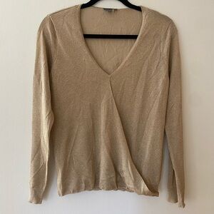Vince Camuto Metallic Semi Sheer Long Sleeve Wrap V-Neck Gold Blouse Size M